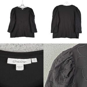 Chicos Sweatshirt Pullover Size 3 US XL Black Floral Puff LS Stretch Knit